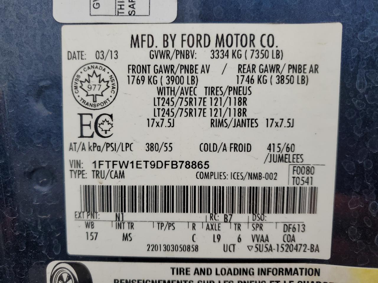 2013 Ford F150 Supercrew VIN: 1FTFW1ET9DFB78865 Lot: 89691295