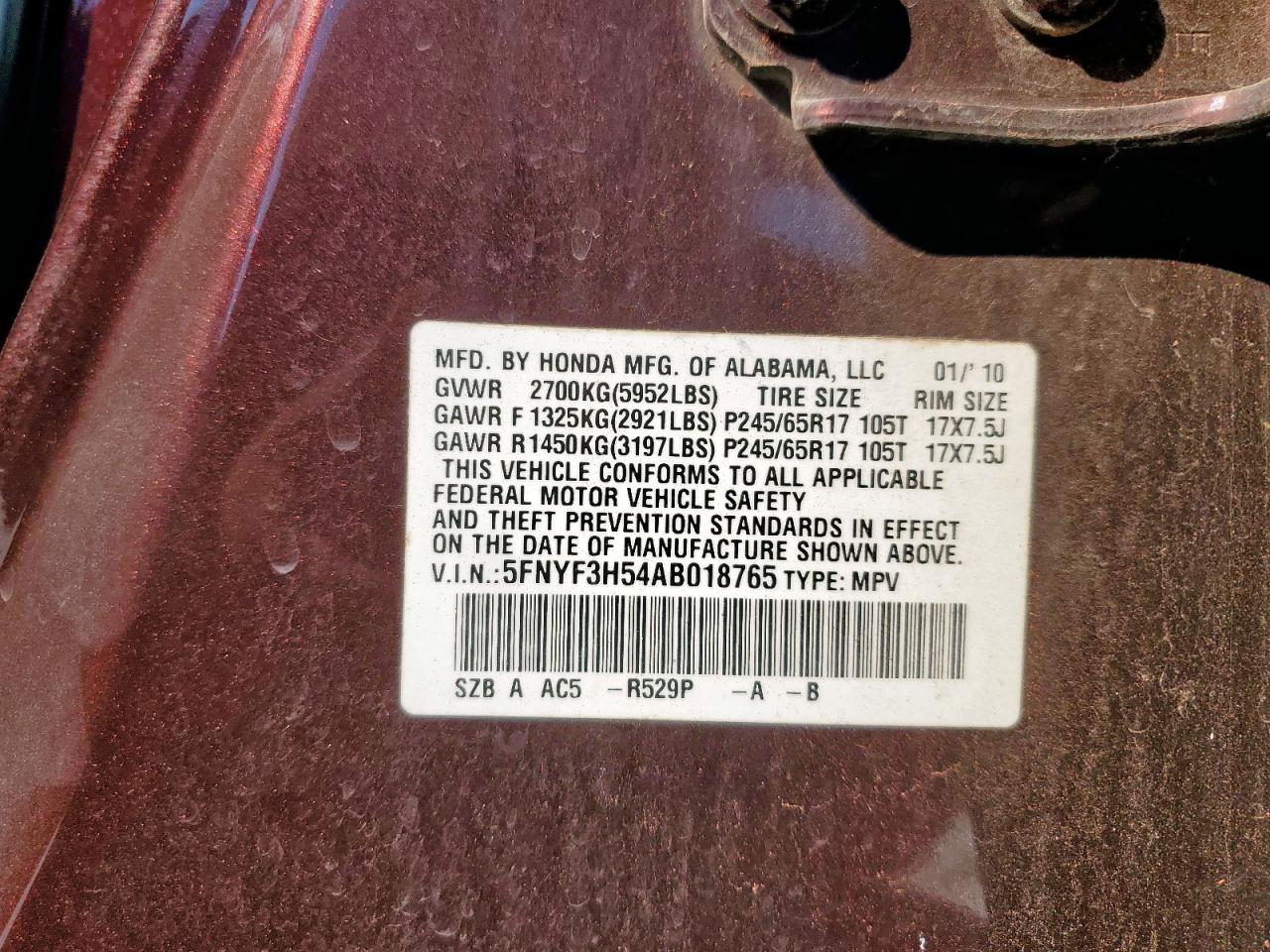 2010 Honda Pilot Exl VIN: 5FNYF3H54AB018765 Lot: 82361195