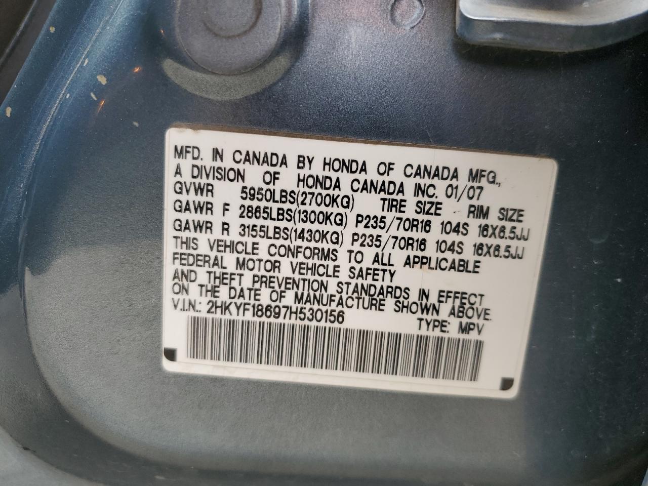 2007 Honda Pilot Exl VIN: 2HKYF18697H530156 Lot: 81933505