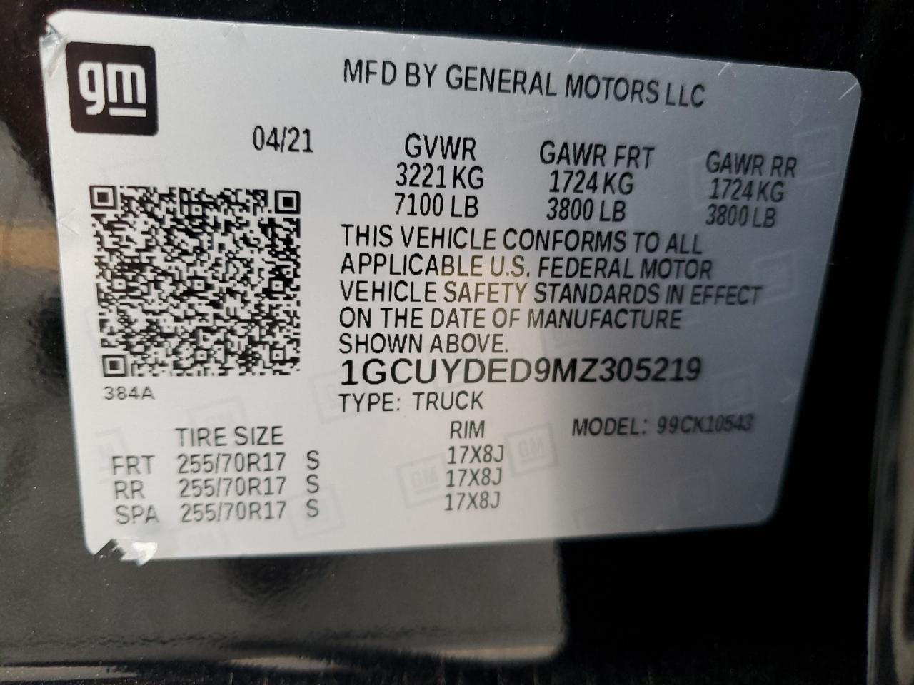 2021 Chevrolet Silverado K1500 Lt VIN: 1GCUYDED9MZ305219 Lot: 85940985