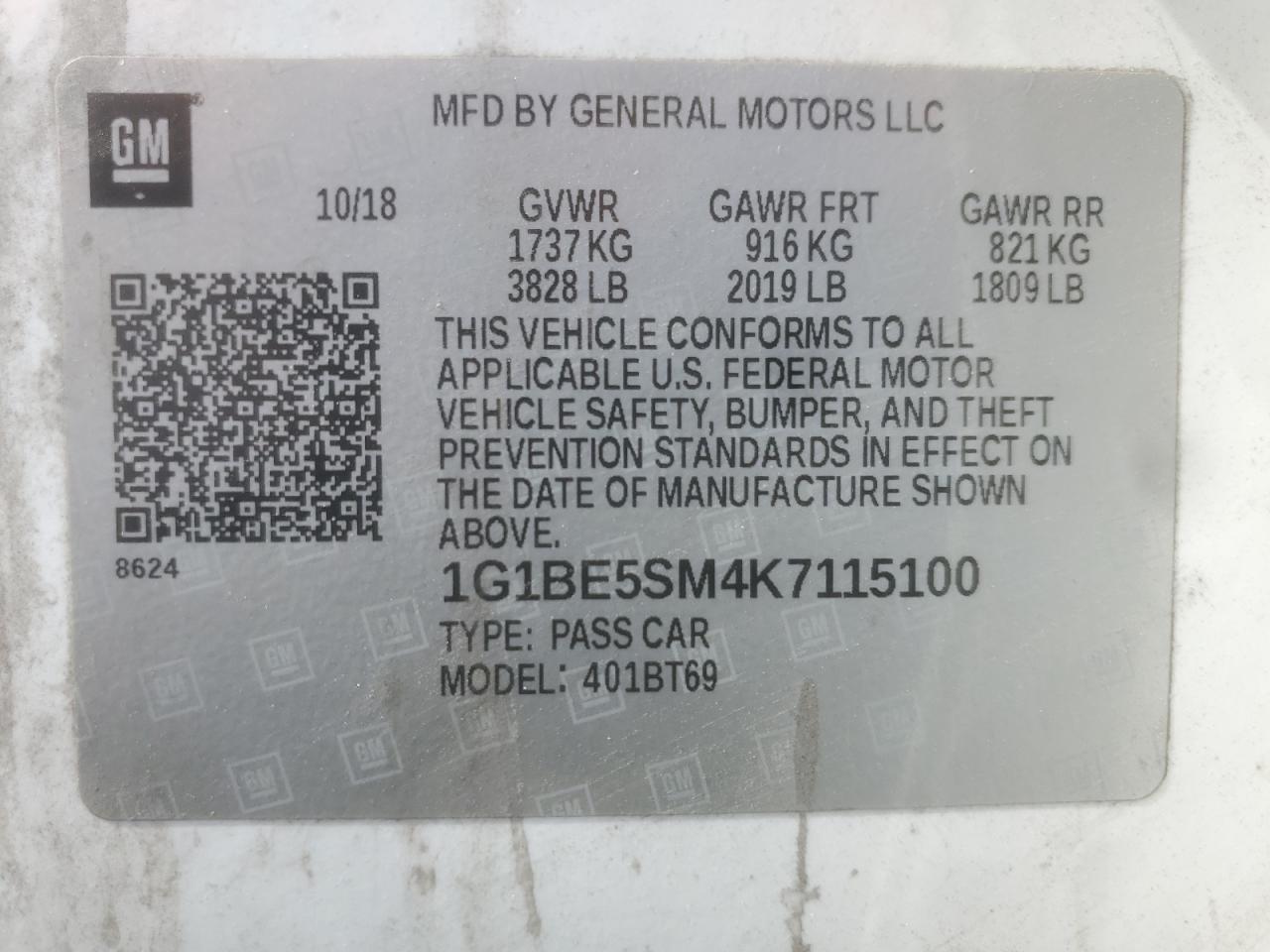 2019 Chevrolet Cruze Lt VIN: 1G1BE5SM4K7115100 Lot: 85007575