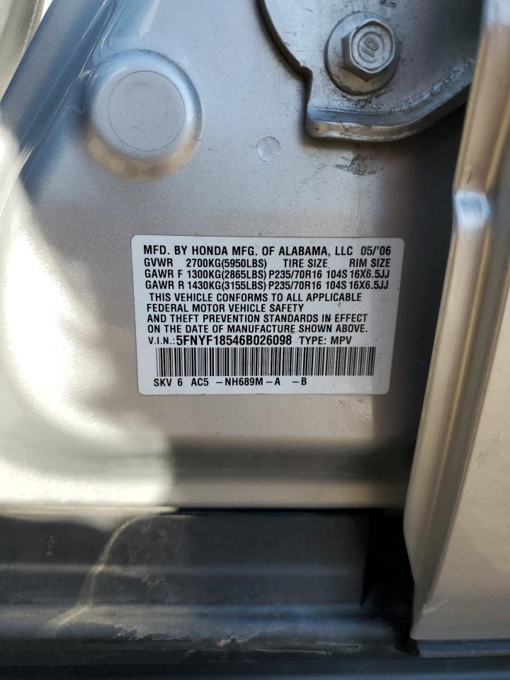 2006 Honda Pilot Ex VIN: 5FNYF18546B026098 Lot: 84073045