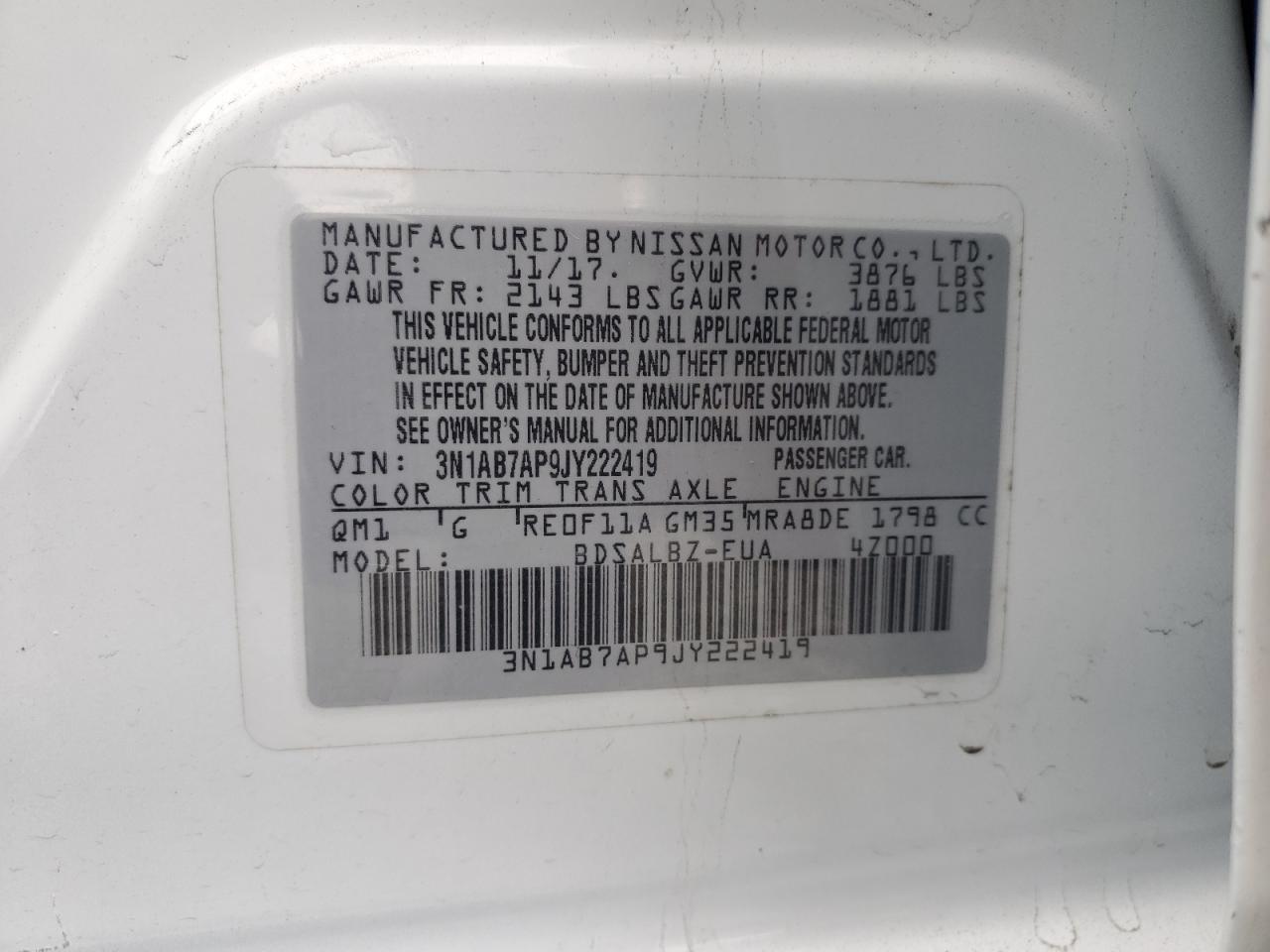 2018 Nissan Sentra S VIN: 3N1AB7AP9JY222419 Lot: 90701885