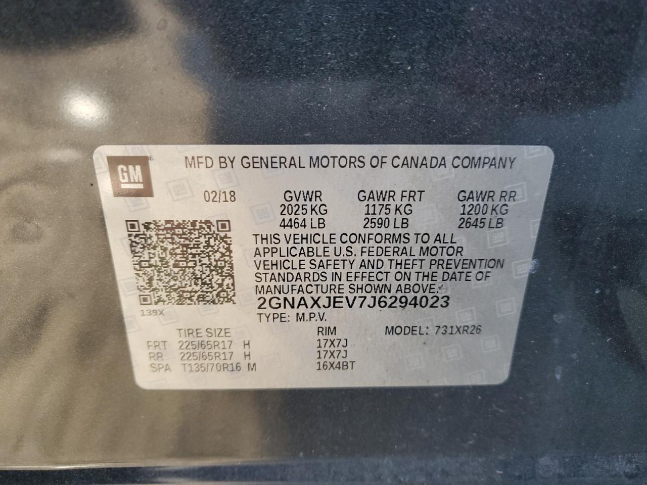 2018 Chevrolet Equinox Lt VIN: 2GNAXJEV7J6294023 Lot: 86230175