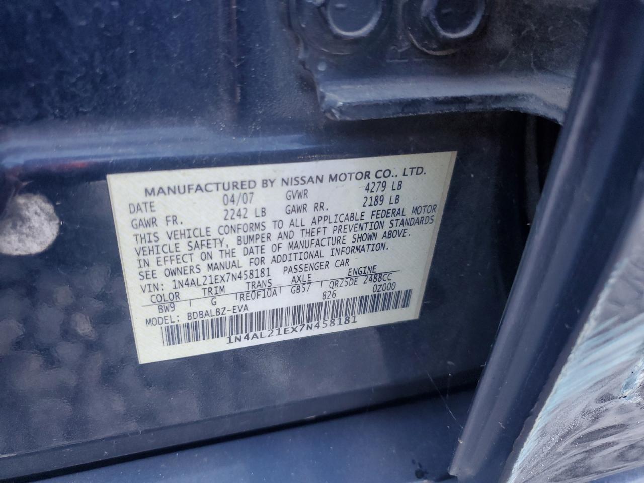 2007 Nissan Altima 2.5 VIN: 1N4AL21EX7N458181 Lot: 81859545