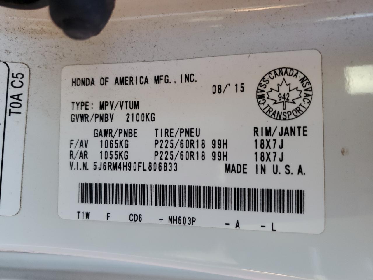 2015 Honda Cr-V Touring VIN: 5J6RM4H90FL806833 Lot: 89861095