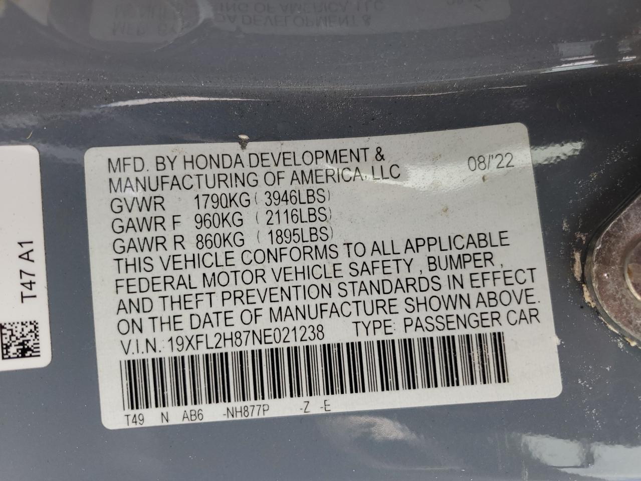 2022 Honda Civic Sport VIN: 19XFL2H87NE021238 Lot: 86339035