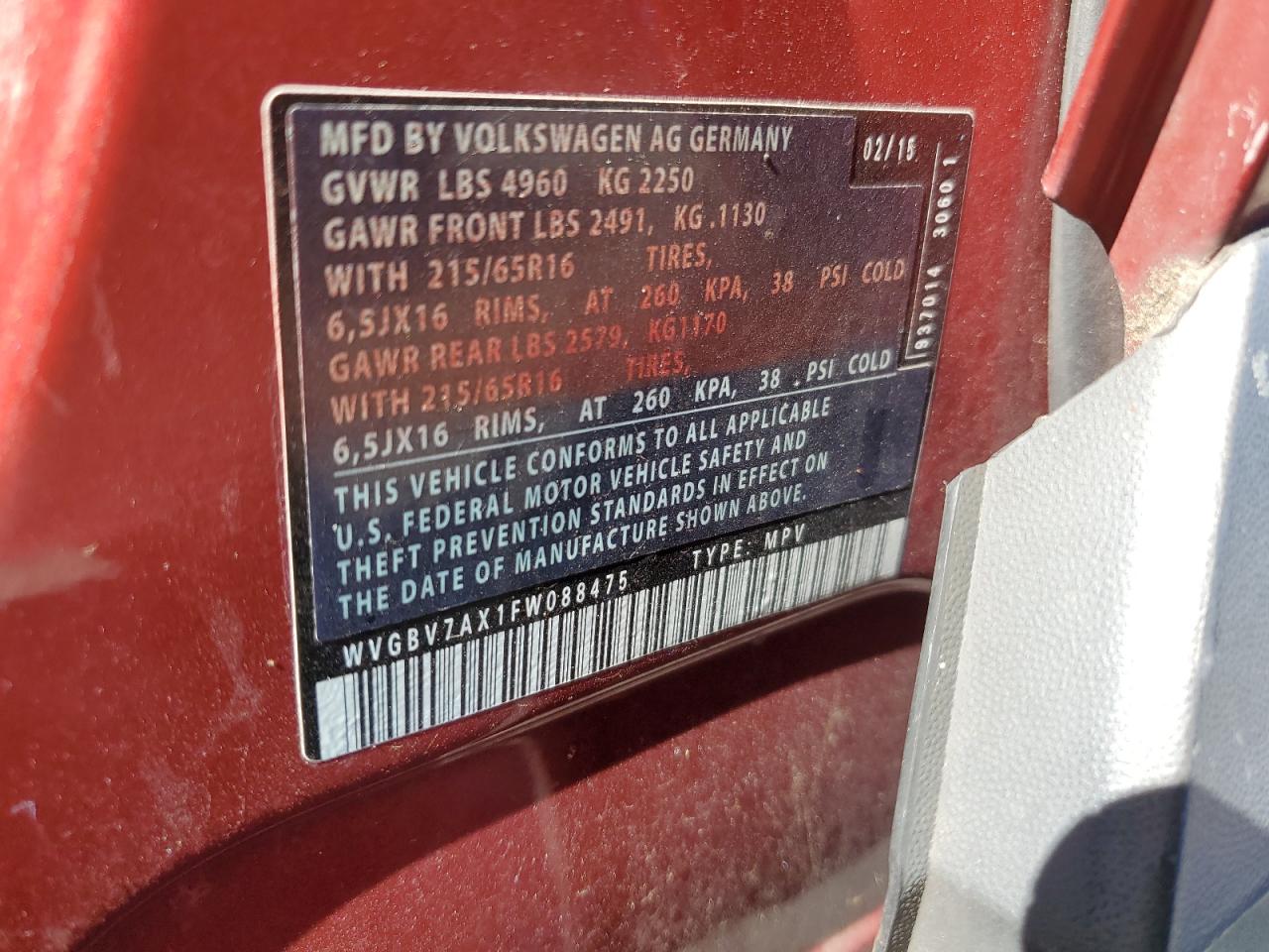2015 Volkswagen Tiguan S VIN: WVGBV7AX1FW088475 Lot: 84264245