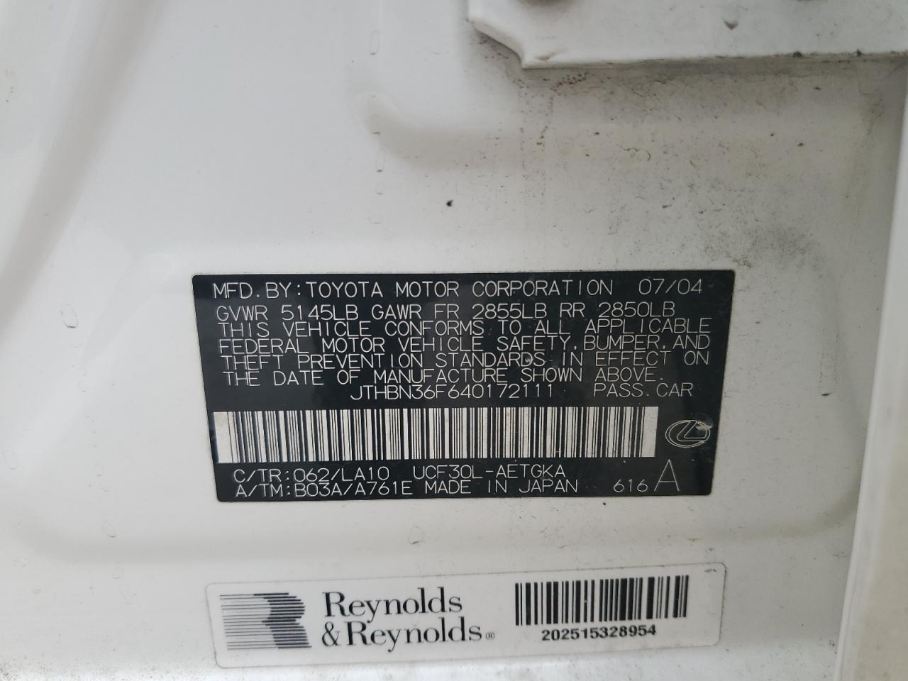 2004 Lexus Ls 430 VIN: JTHBN36F640172111 Lot: 90650875