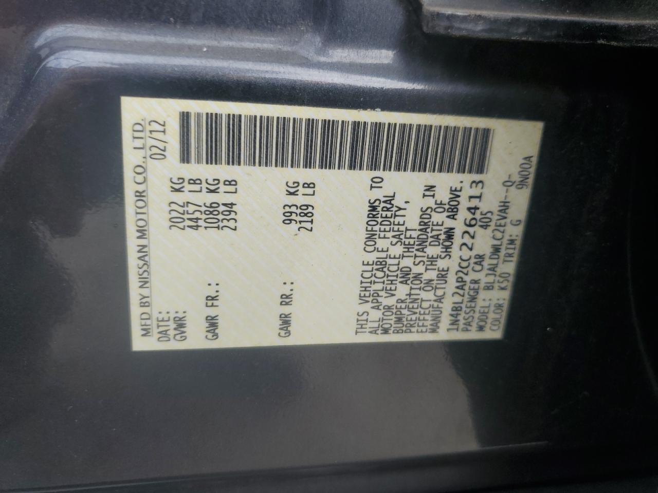 2012 Nissan Altima Sr VIN: 1N4BL2AP2CC226413 Lot: 85750645