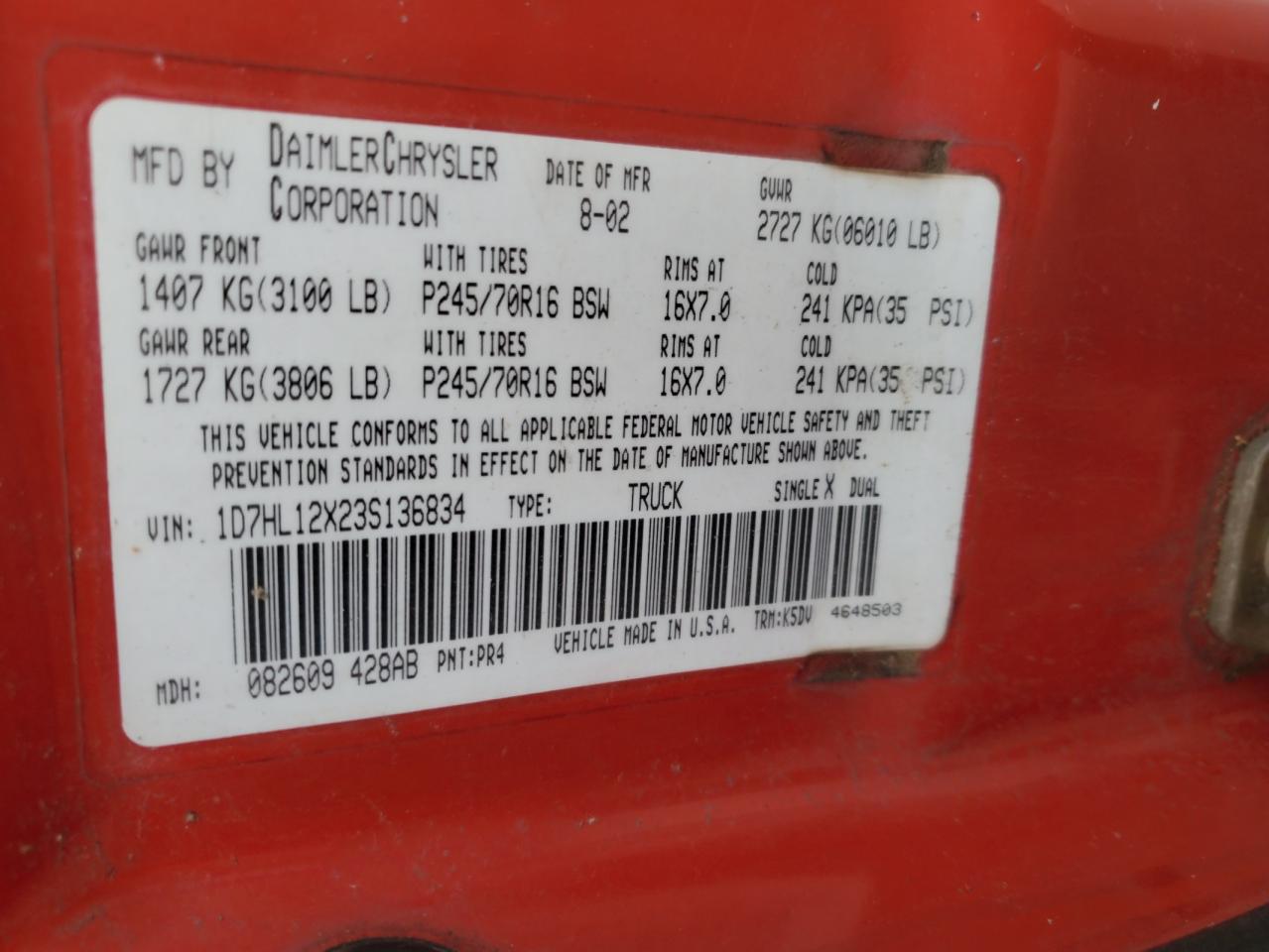 2003 Dodge Dakota Sxt VIN: 1D7HL12X23S136834 Lot: 85117105