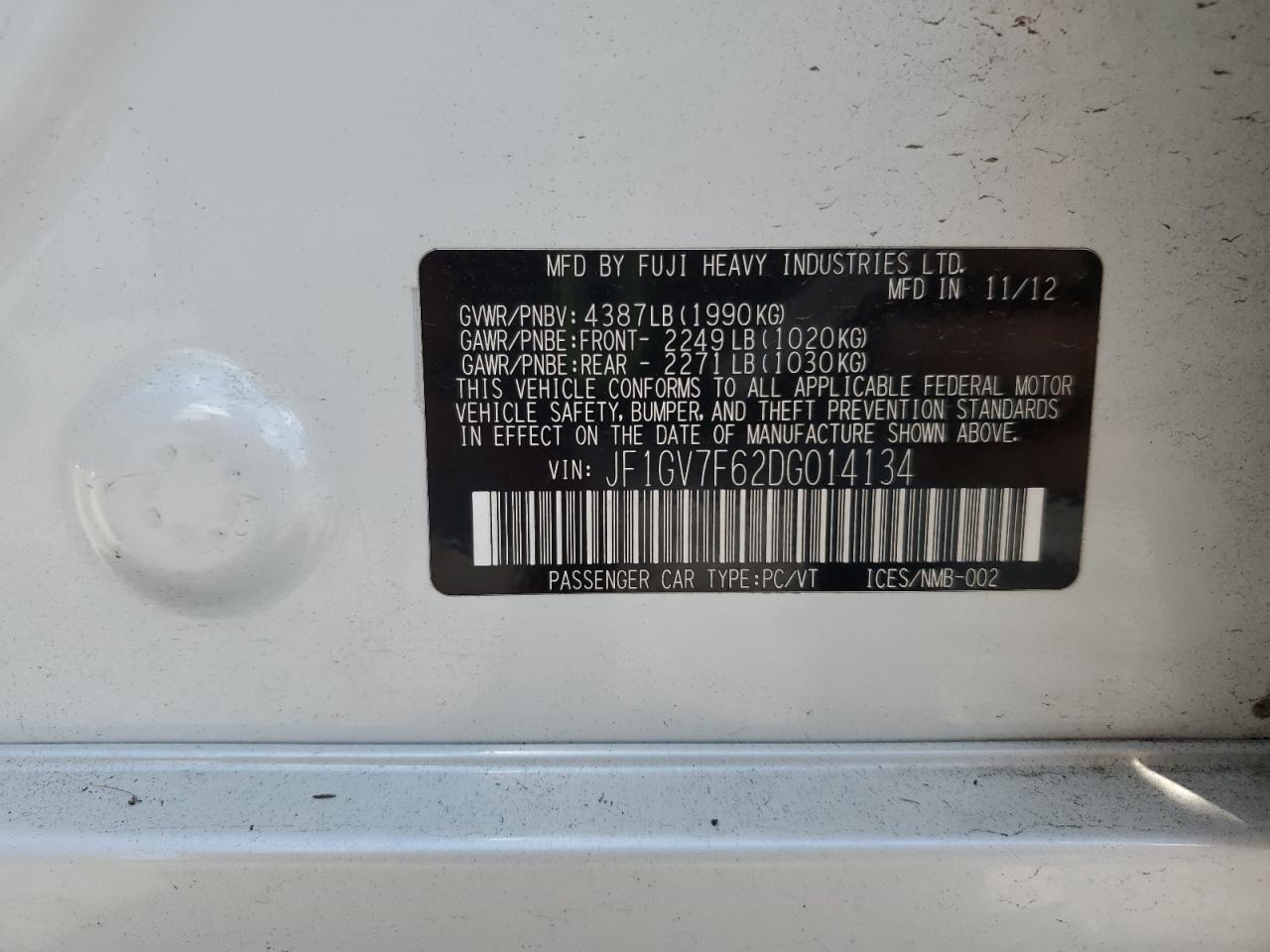 2013 Subaru Impreza Wrx VIN: JF1GV7F62DG014134 Lot: 85684135