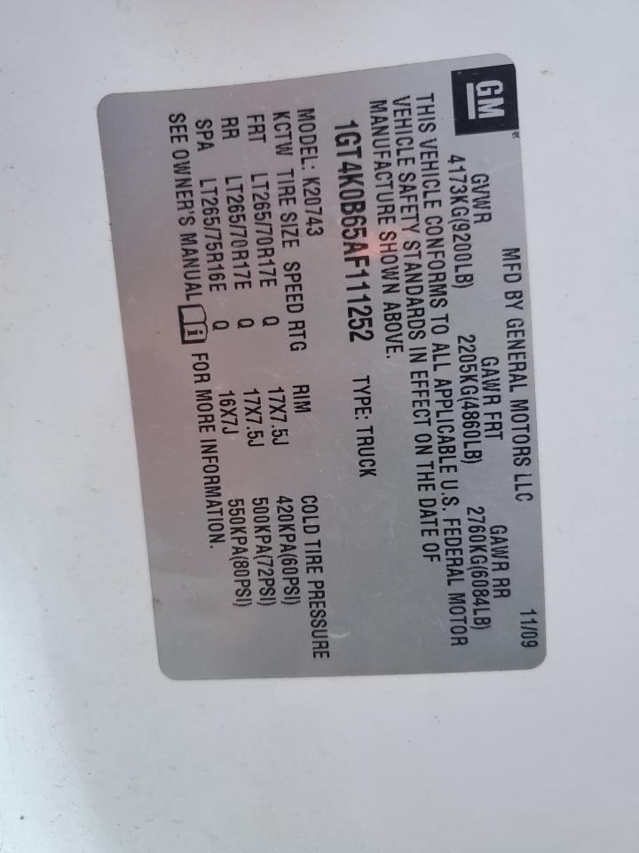 2010 GMC Sierra K2500 Sle VIN: 1GT4K0B65AF111252 Lot: 82192155