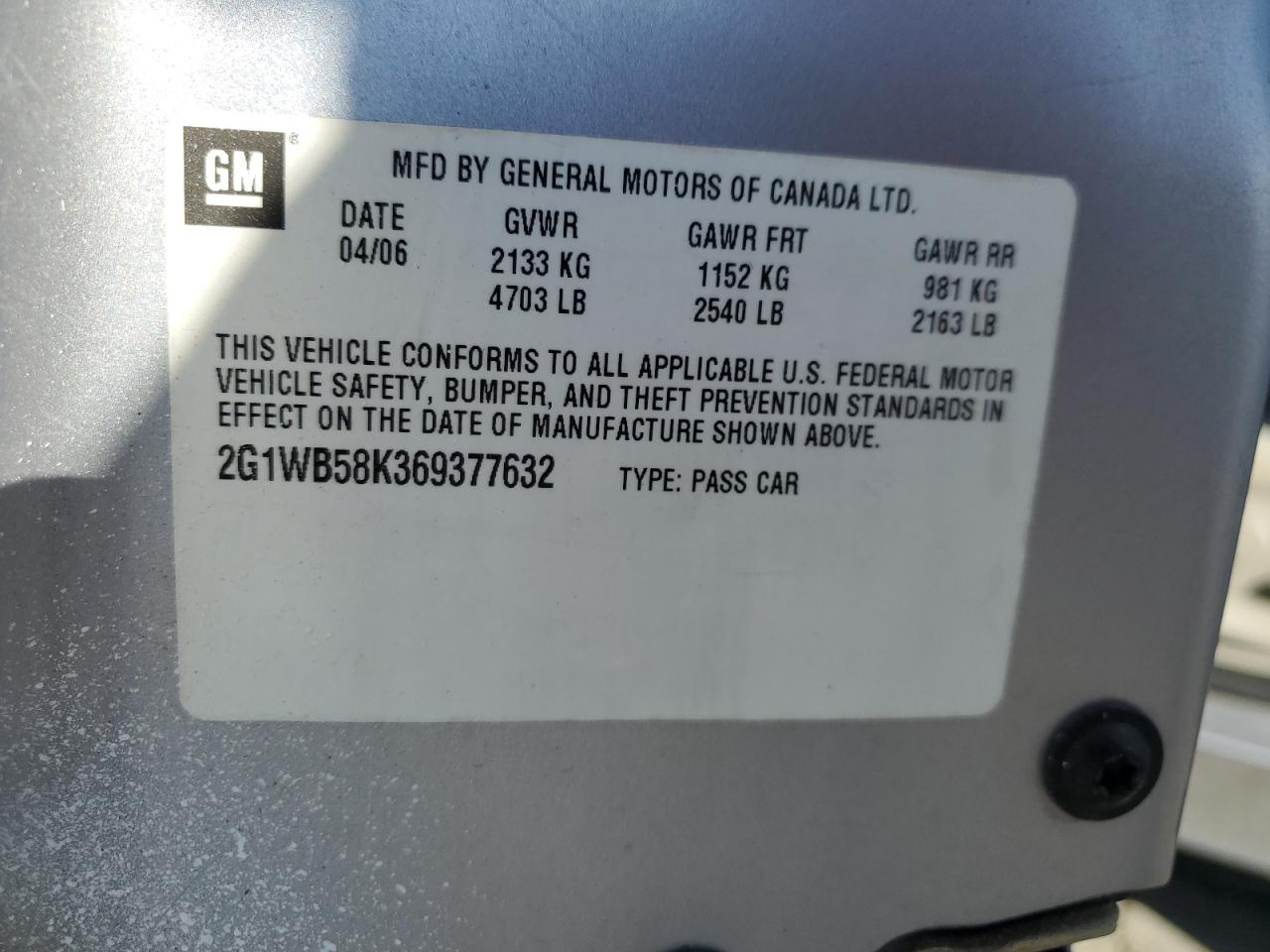 2006 Chevrolet Impala Ls VIN: 2G1WB58K369377632 Lot: 85841025