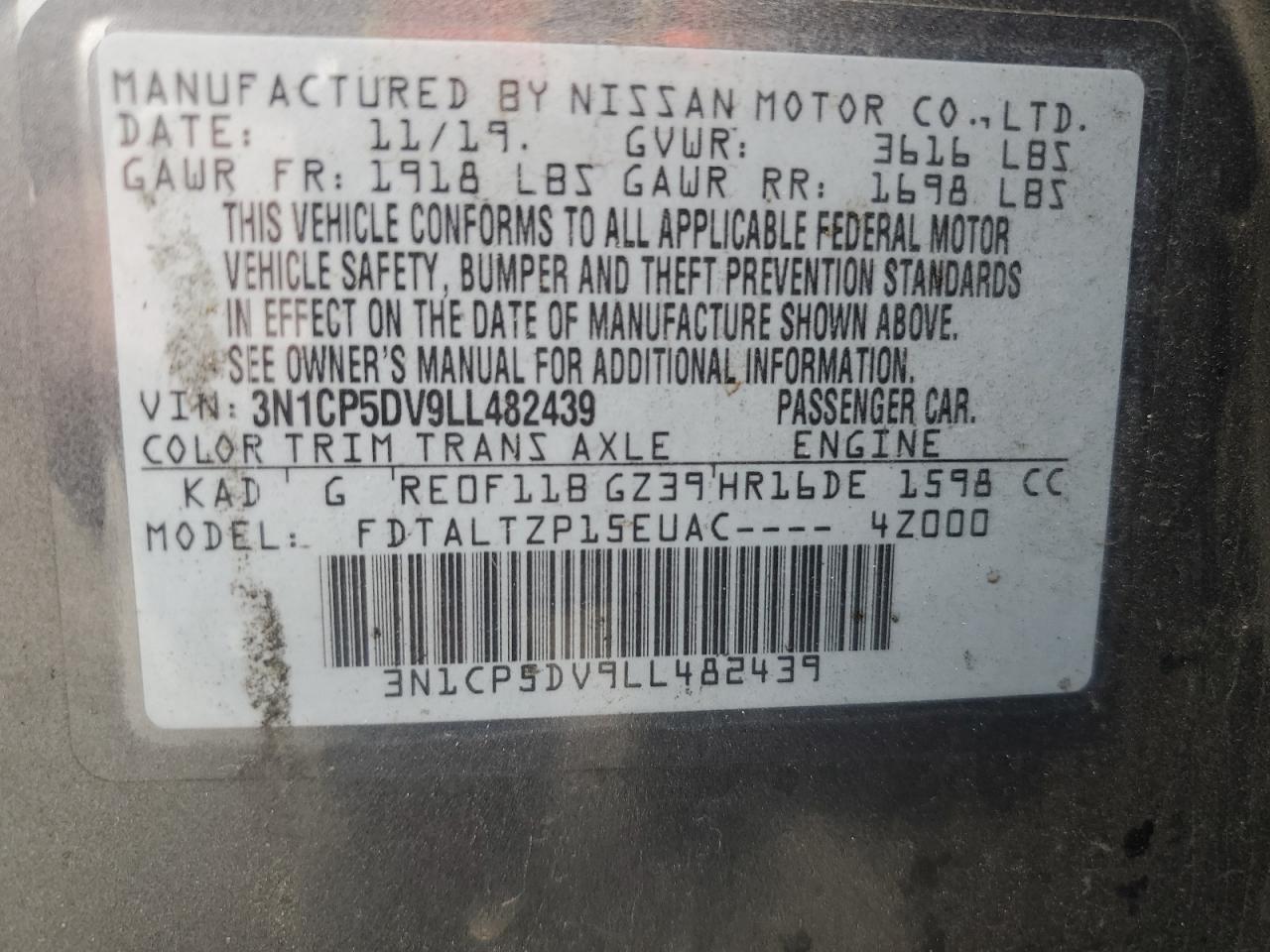 2020 Nissan Kicks Sr VIN: 3N1CP5DV9LL482439 Lot: 82328915