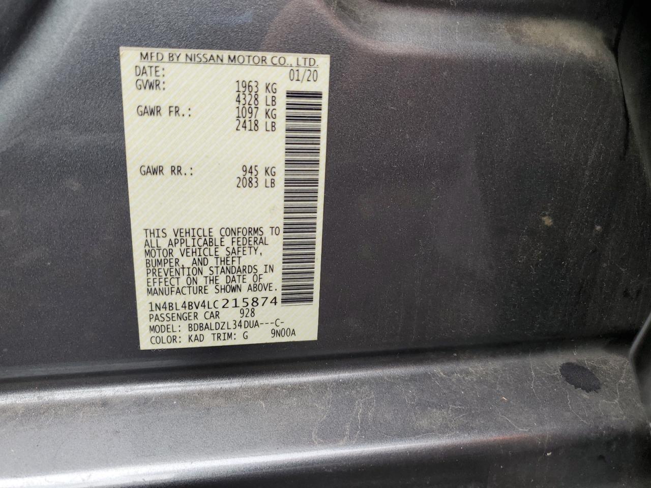 2020 Nissan Altima S VIN: 1N4BL4BV4LC215874 Lot: 82343975