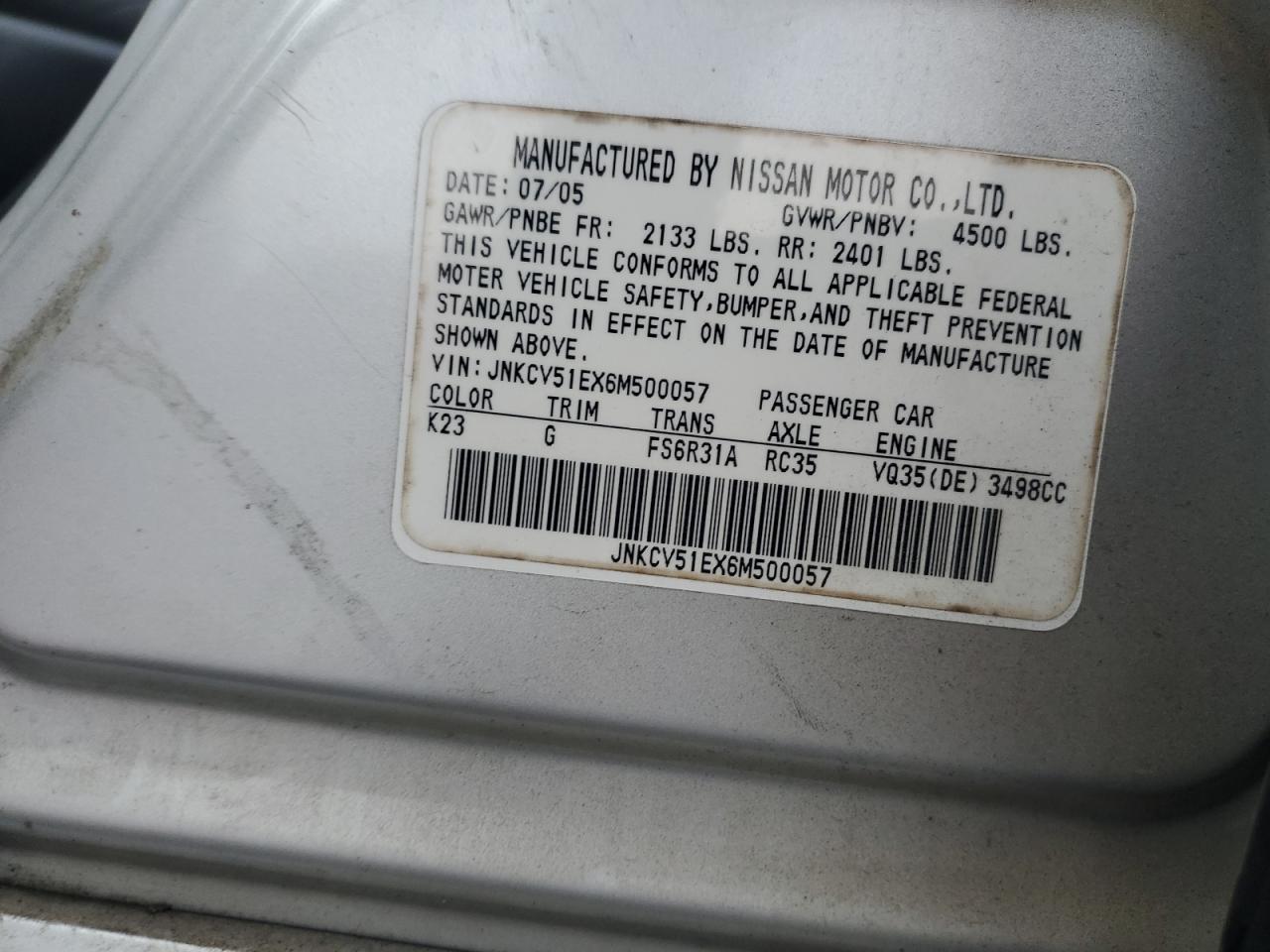 2006 Infiniti G35 VIN: JNKCV51EX6M500057 Lot: 90122695