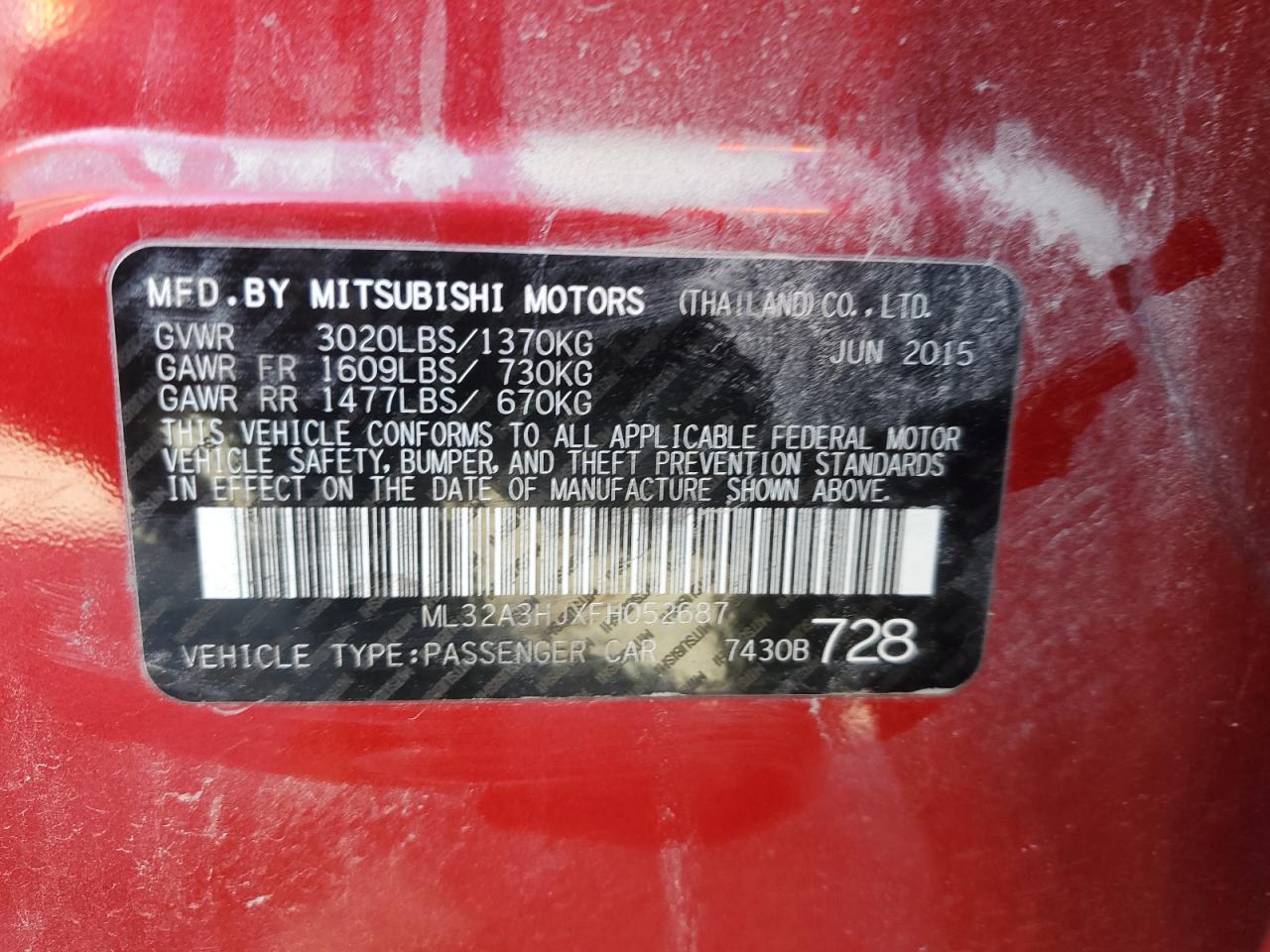 2015 Mitsubishi Mirage De VIN: ML32A3HJXFH052687 Lot: 89553035