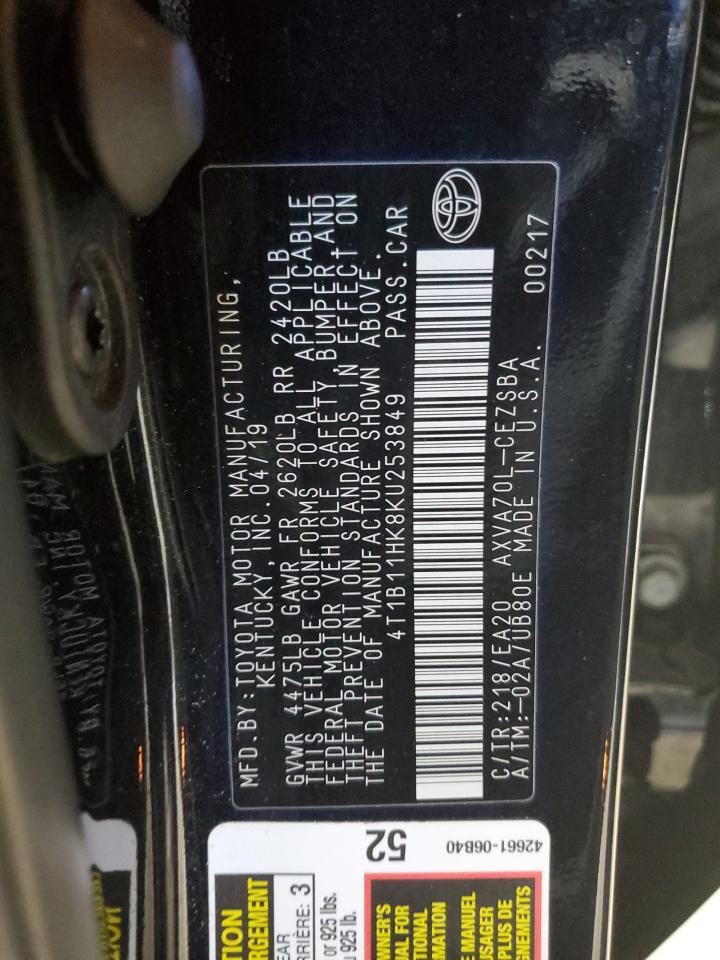 2019 Toyota Camry L VIN: 4T1B11HK8KU253849 Lot: 84547105