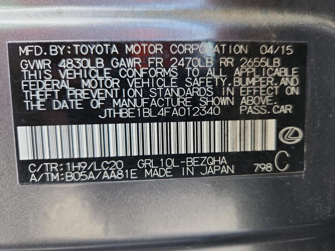 2015 Lexus Gs 350 VIN: JTHBE1BL4FA012340 Lot: 86297325