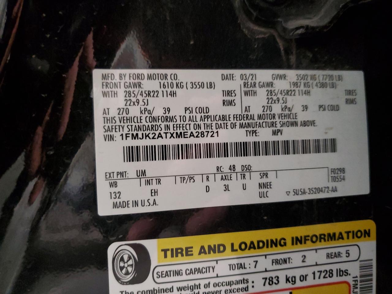 2021 Ford Expedition Max Limited VIN: 1FMJK2ATXMEA28721 Lot: 89516675