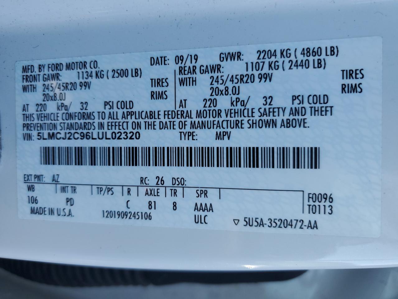 2020 Lincoln Corsair Reserve VIN: 5LMCJ2C96LUL02320 Lot: 84255915