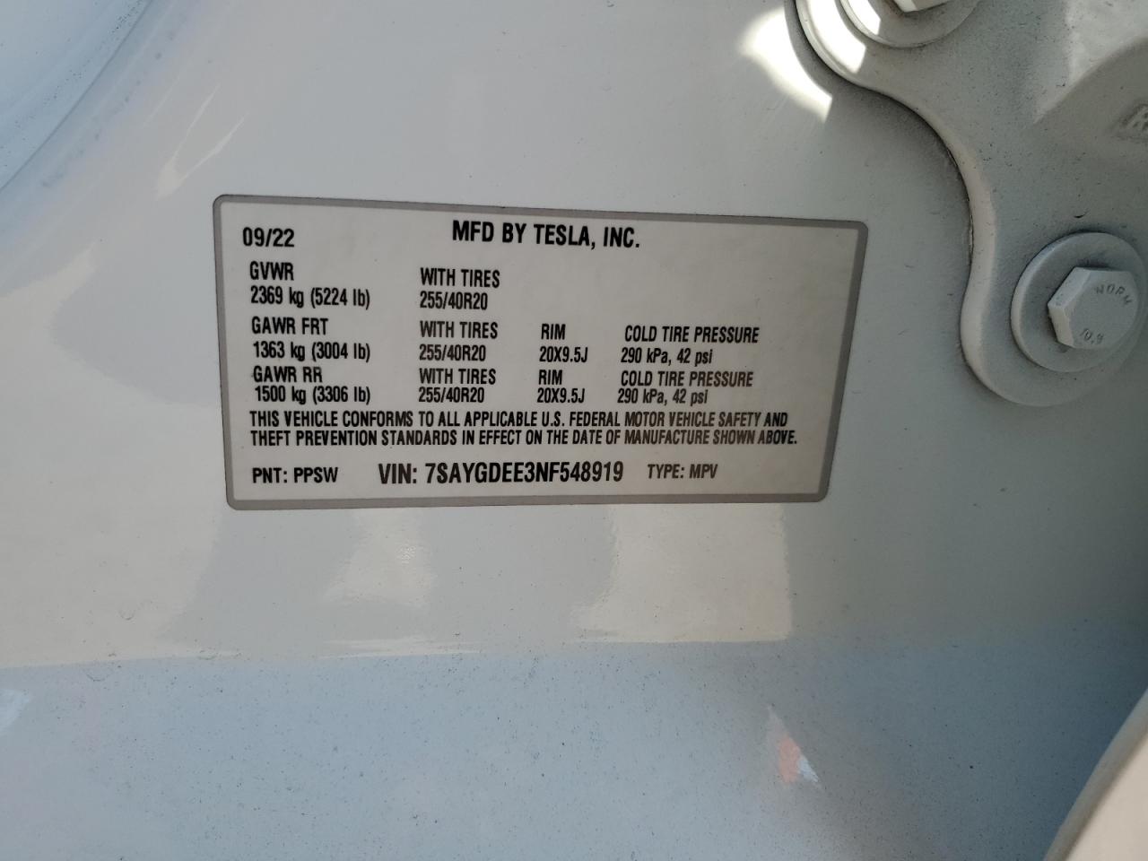 2022 Tesla Model Y VIN: 7SAYGDEE3NF548919 Lot: 91033055