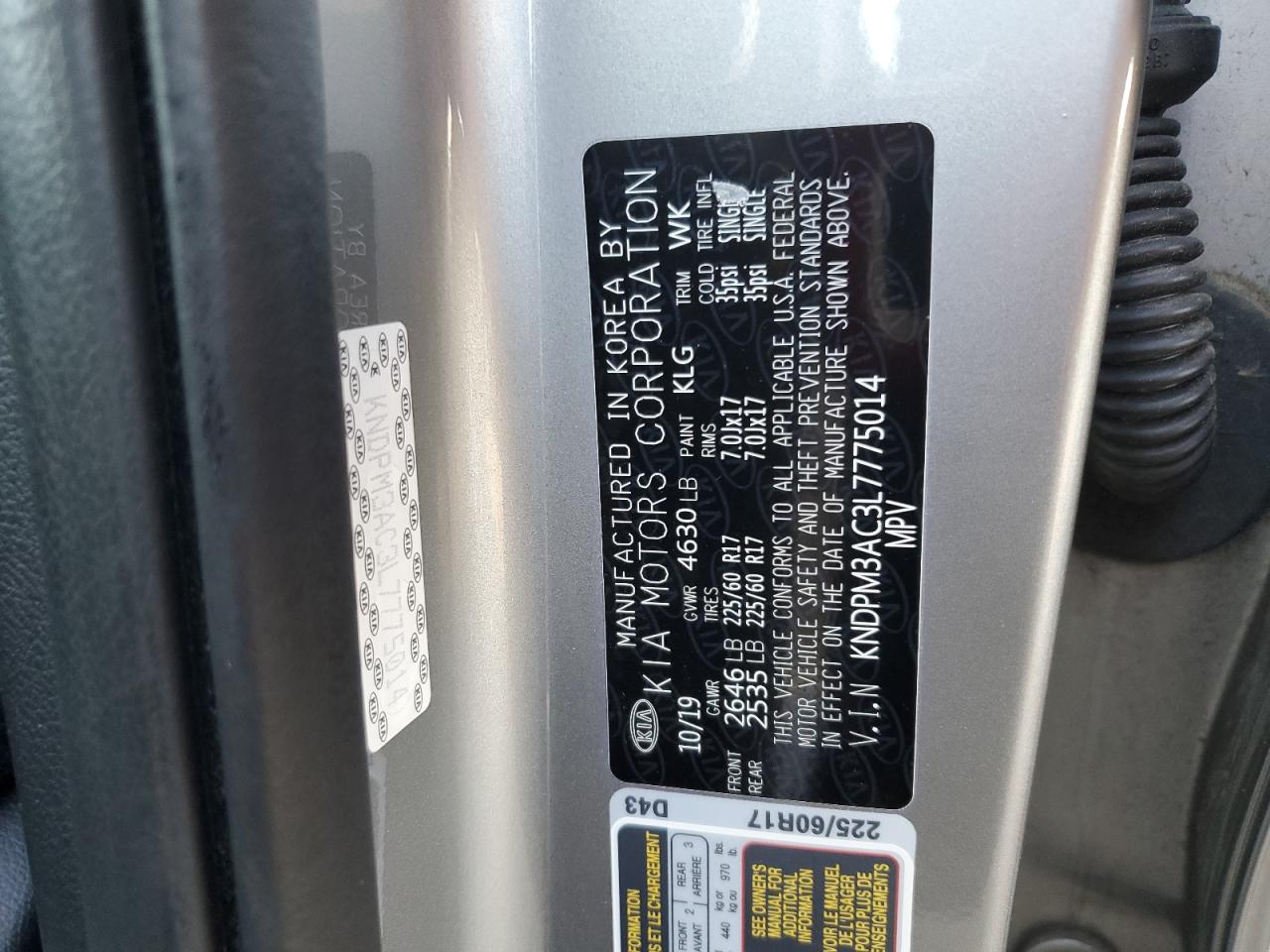 2020 Kia Sportage Lx VIN: KNDPM3AC3L7775014 Lot: 85918325