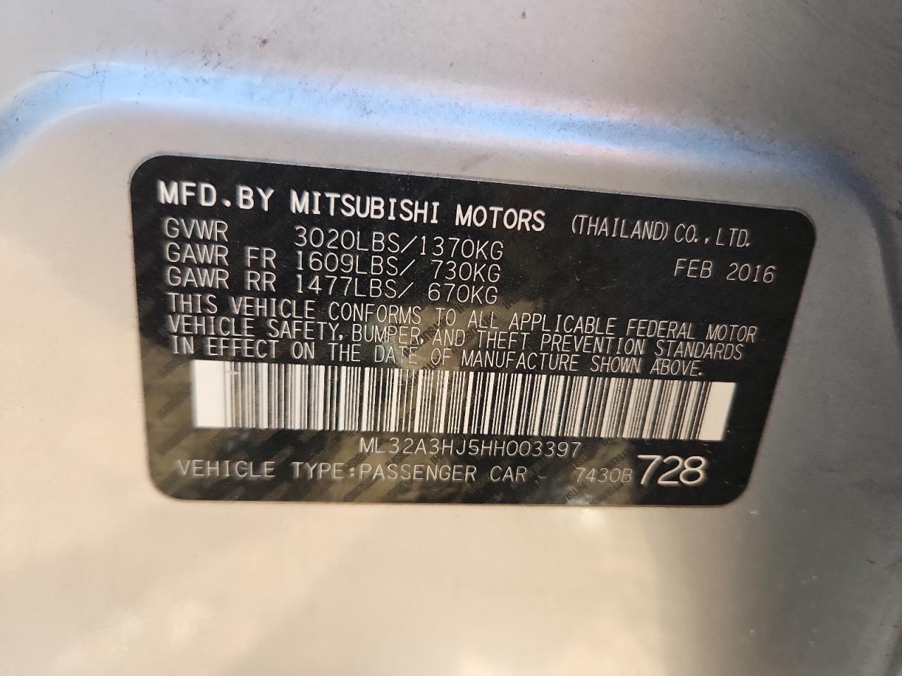 2017 Mitsubishi Mirage Es VIN: ML32A3HJ5HH003397 Lot: 86801945
