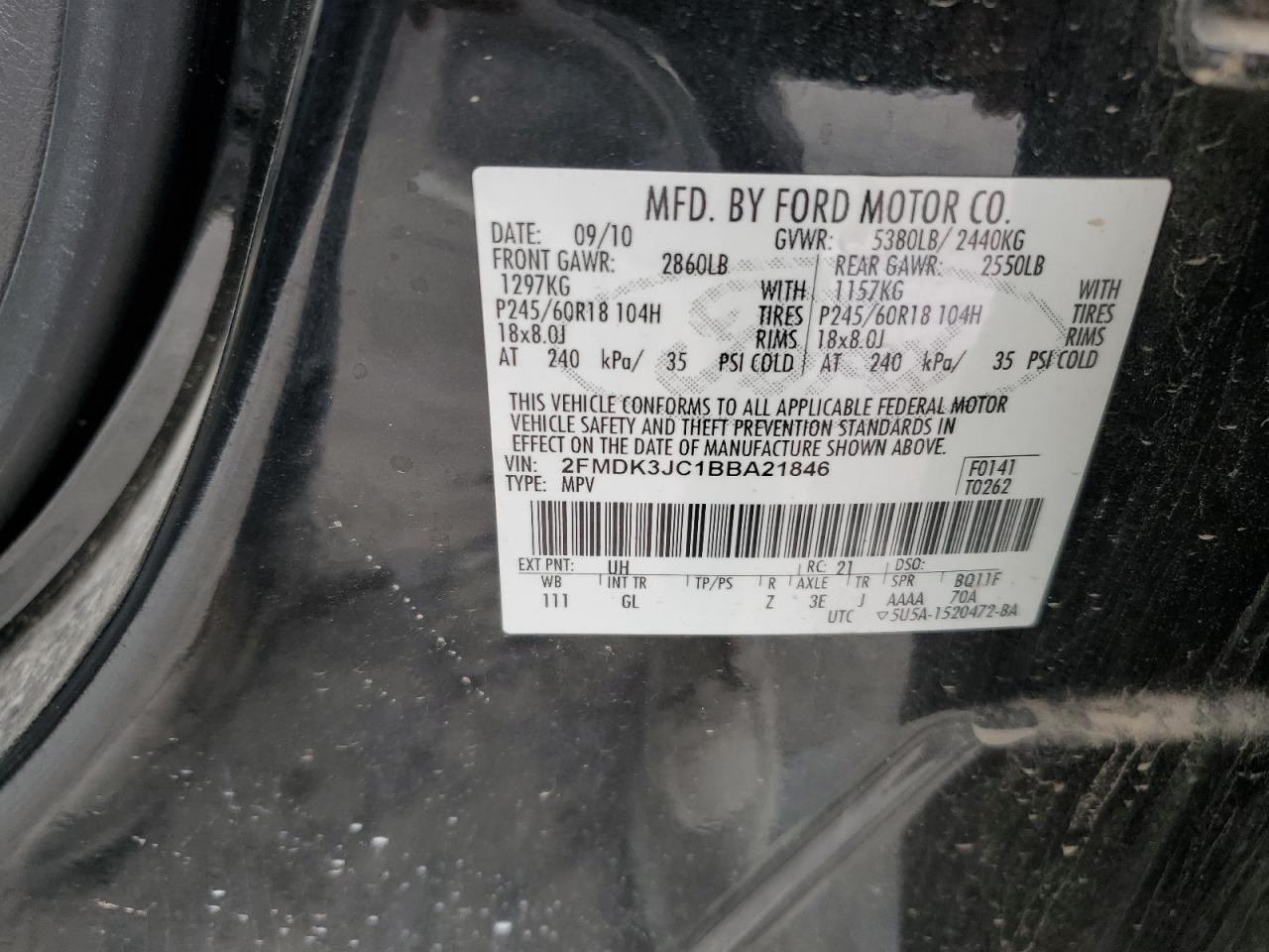 2011 Ford Edge Sel VIN: 2FMDK3JC1BBA21846 Lot: 85553915