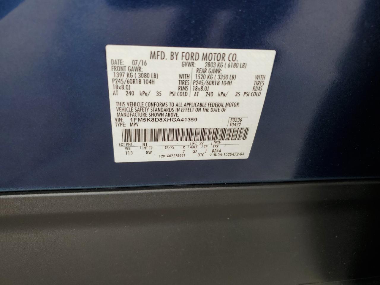 2017 Ford Explorer Xlt VIN: 1FM5K8D8XHGA41359 Lot: 82303355