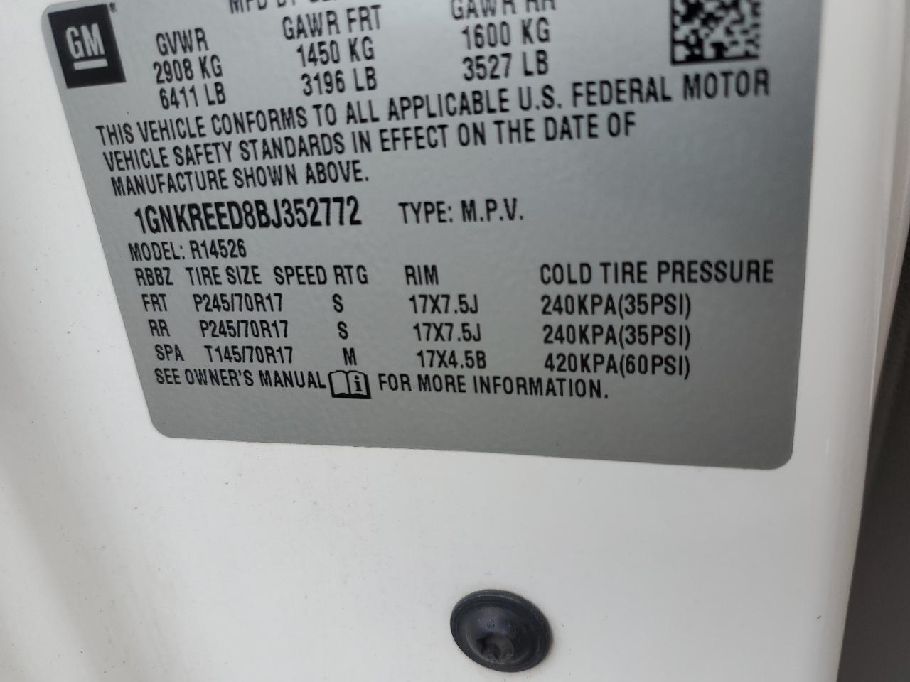 2011 Chevrolet Traverse Ls VIN: 1GNKREED8BJ352772 Lot: 85006315