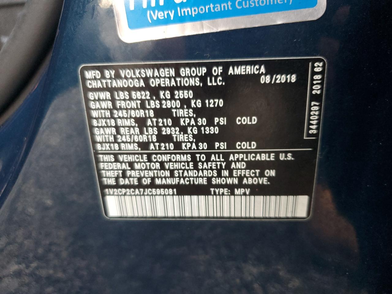 2018 Volkswagen Atlas Se VIN: 1V2CP2CA7JC595081 Lot: 85078055