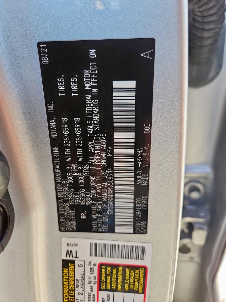 2021 Toyota Highlander Hybrid Xle VIN: 5TDGARAHXMS508614 Lot: 85862105