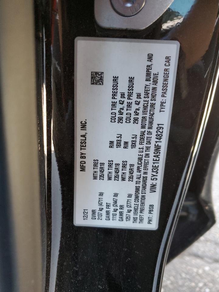 2022 Tesla Model 3 VIN: 5YJ3E1EA9NF148291 Lot: 87037595