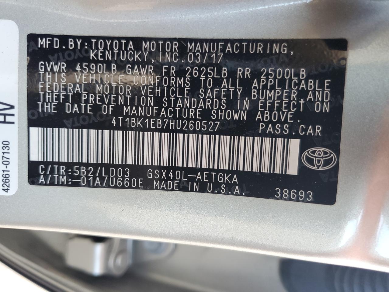 2017 Toyota Avalon Xle VIN: 4T1BK1EB7HU260527 Lot: 85824535