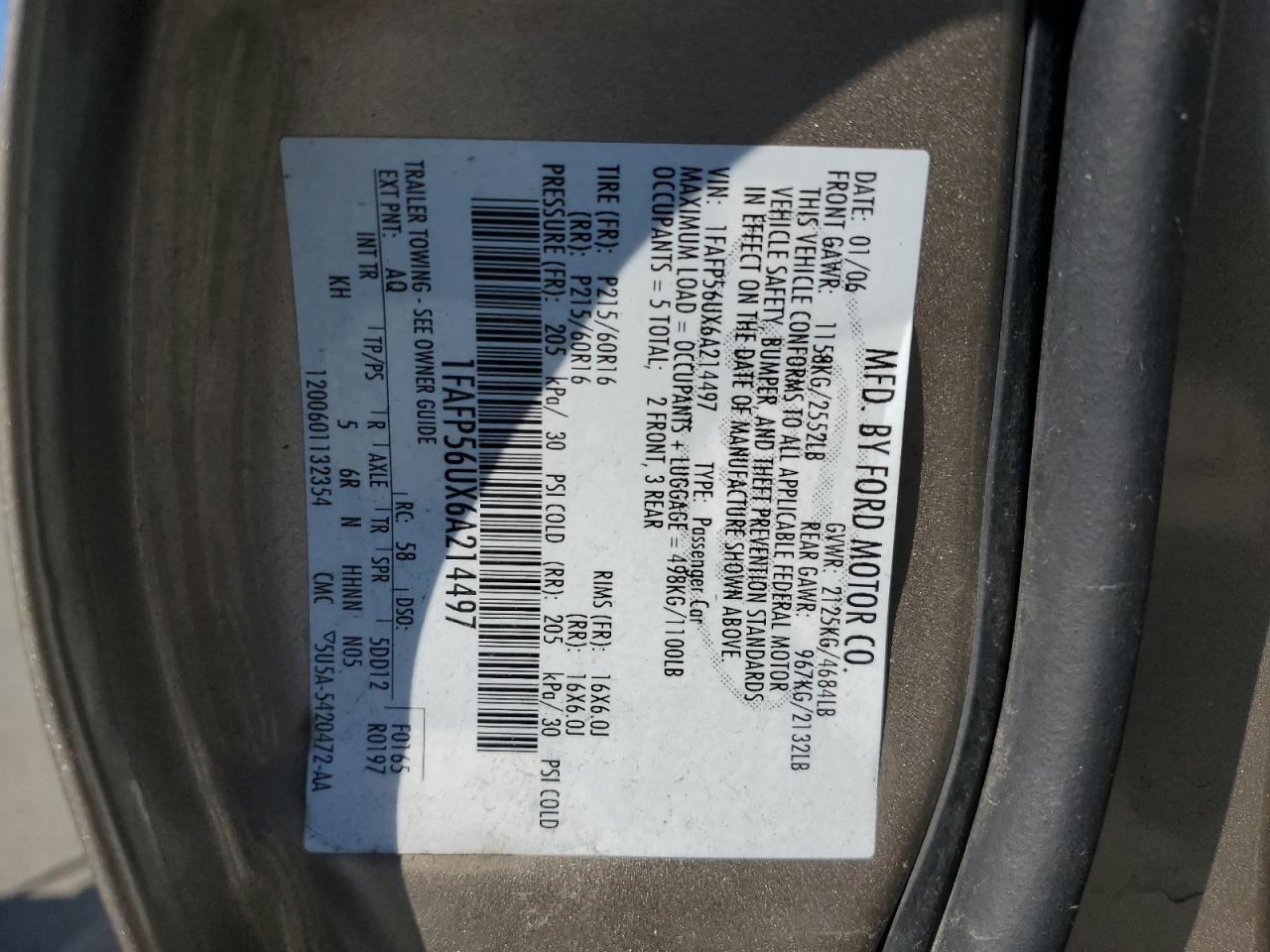 2006 Ford Taurus Sel VIN: 1FAFP56UX6A214497 Lot: 84955755