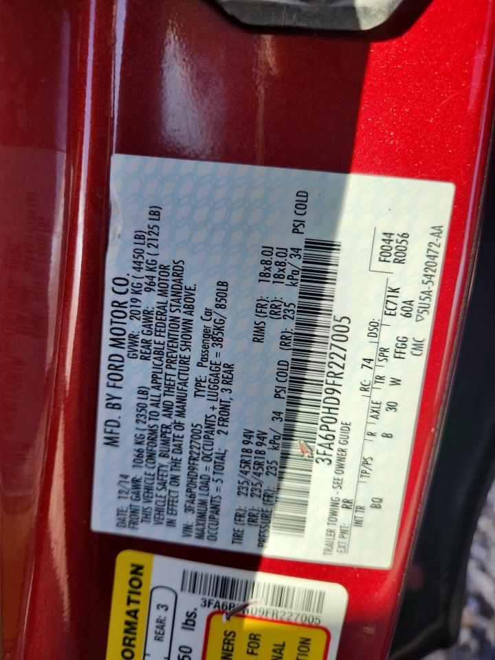 2015 Ford Fusion Se VIN: 3FA6P0HD9FR227005 Lot: 85356015