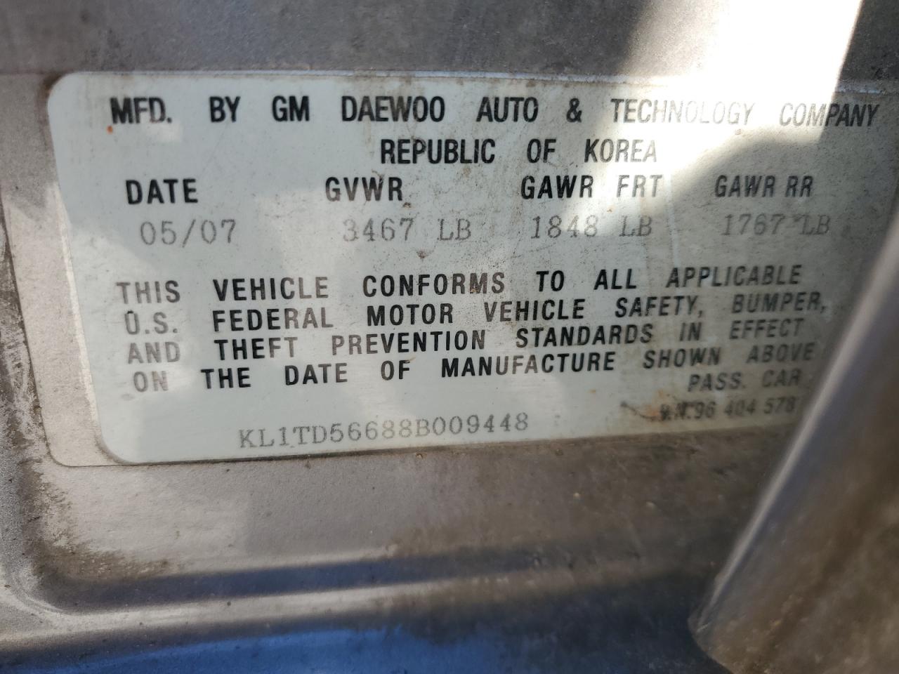 2008 Chevrolet Aveo Base VIN: KL1TD56688B009448 Lot: 85715915