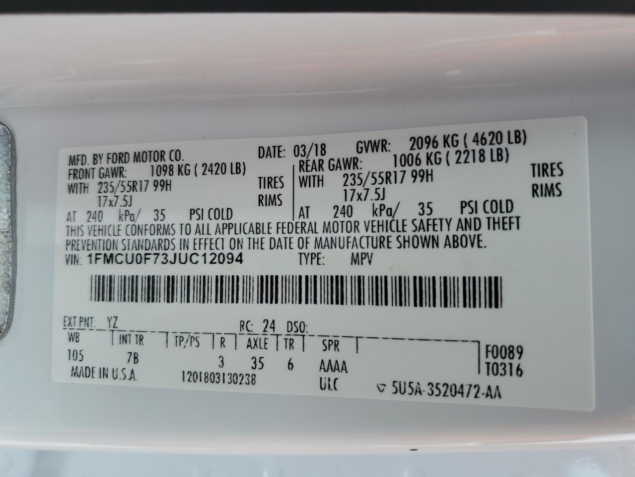 2018 Ford Escape S VIN: 1FMCU0F73JUC12094 Lot: 84629125