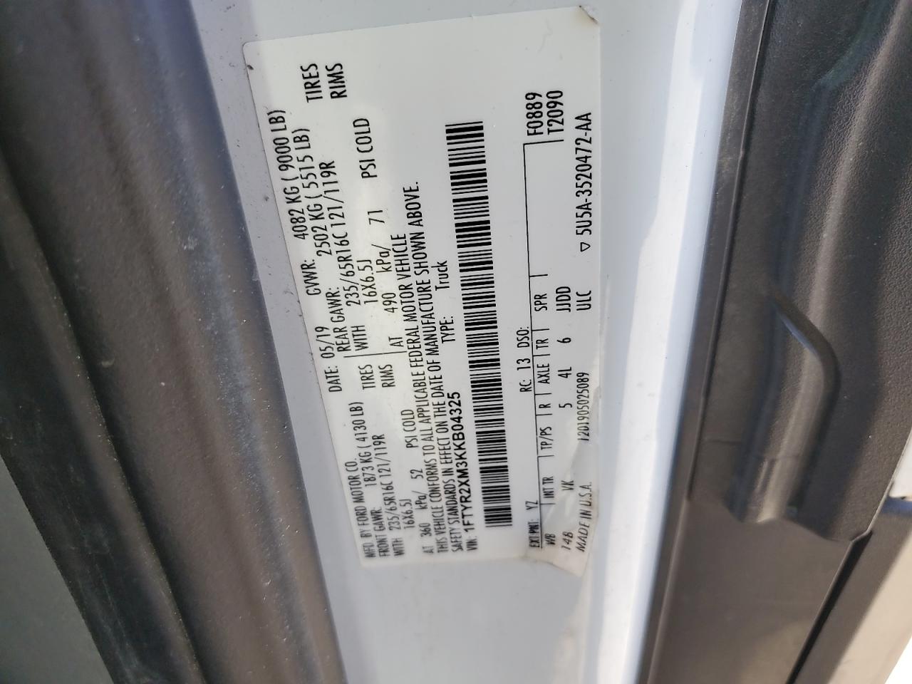 2019 Ford Transit T-250 VIN: 1FTYR2XM3KKB04325 Lot: 84819225