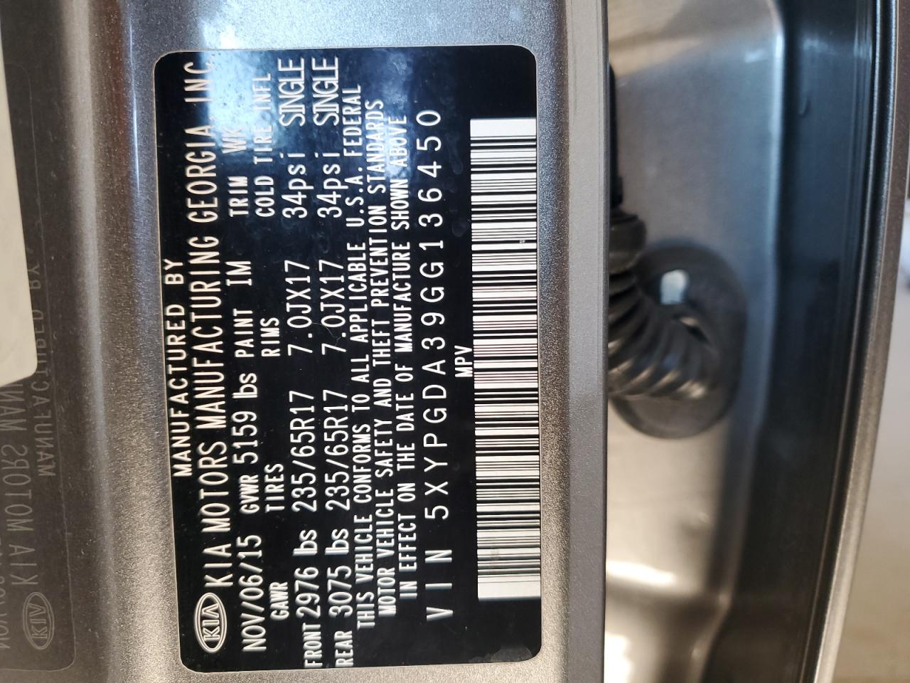 2016 Kia Sorento Lx VIN: 5XYPGDA39GG136450 Lot: 81936165