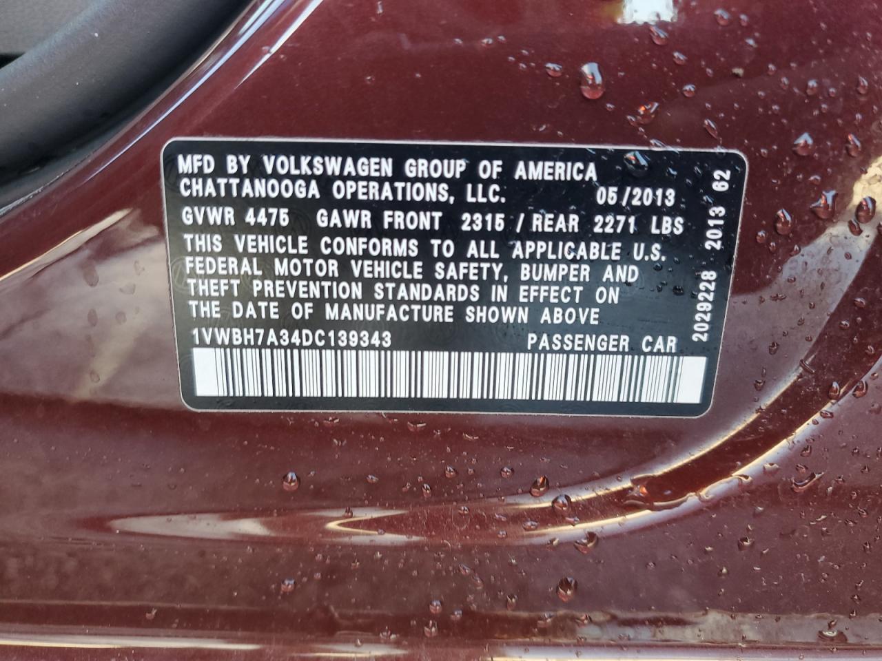 2013 Volkswagen Passat Se VIN: 1VWBH7A34DC139343 Lot: 85711195