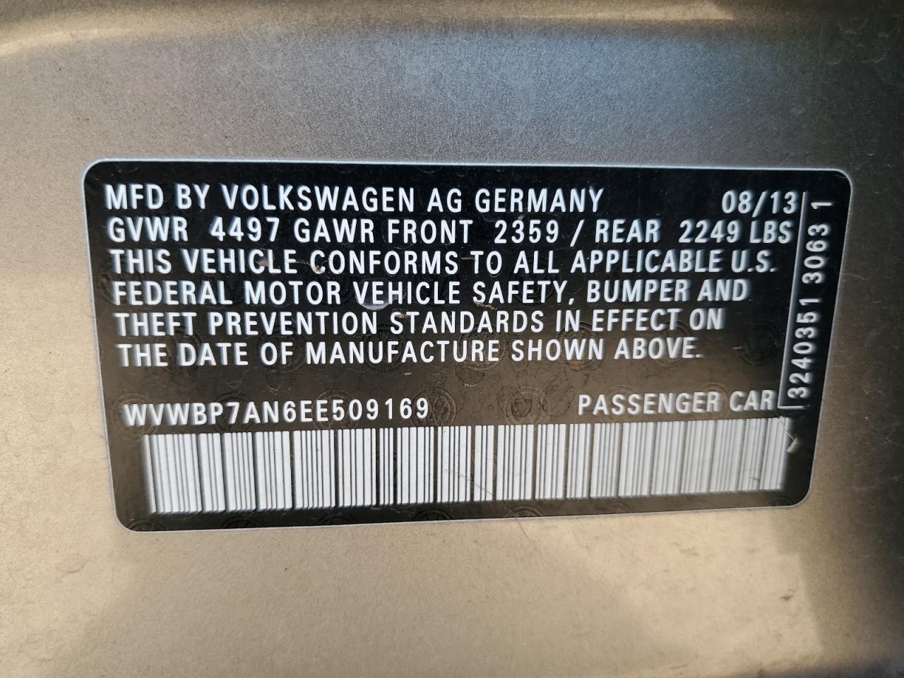 2014 Volkswagen Cc Sport VIN: WVWBP7AN6EE509169 Lot: 84475785