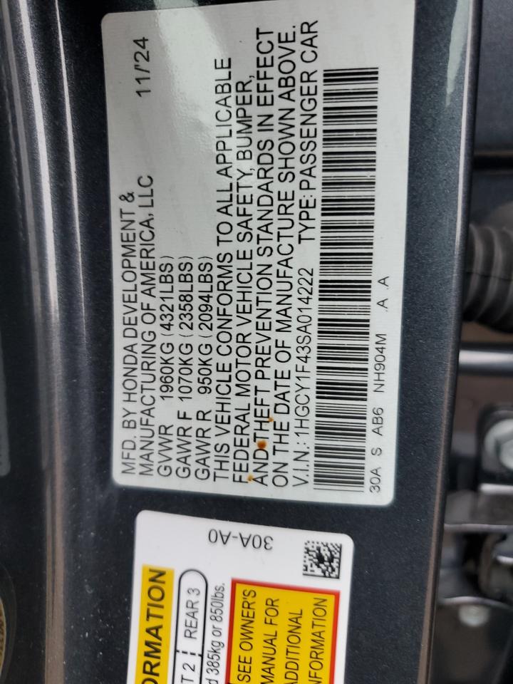 2025 Honda Accord Se VIN: 1HGCY1F43SA014222 Lot: 86298235