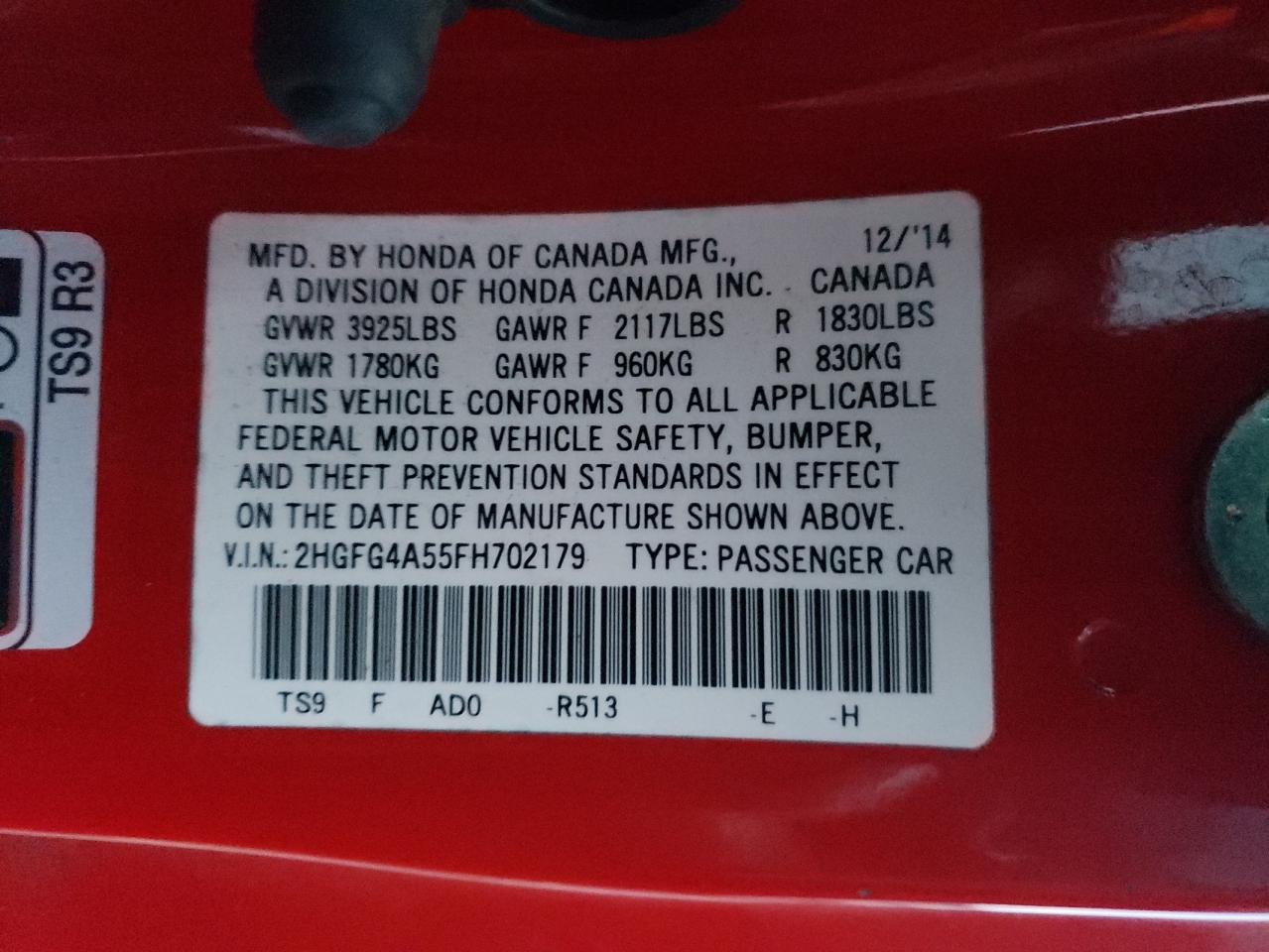 2015 Honda Civic Si VIN: 2HGFG4A55FH702179 Lot: 81938665