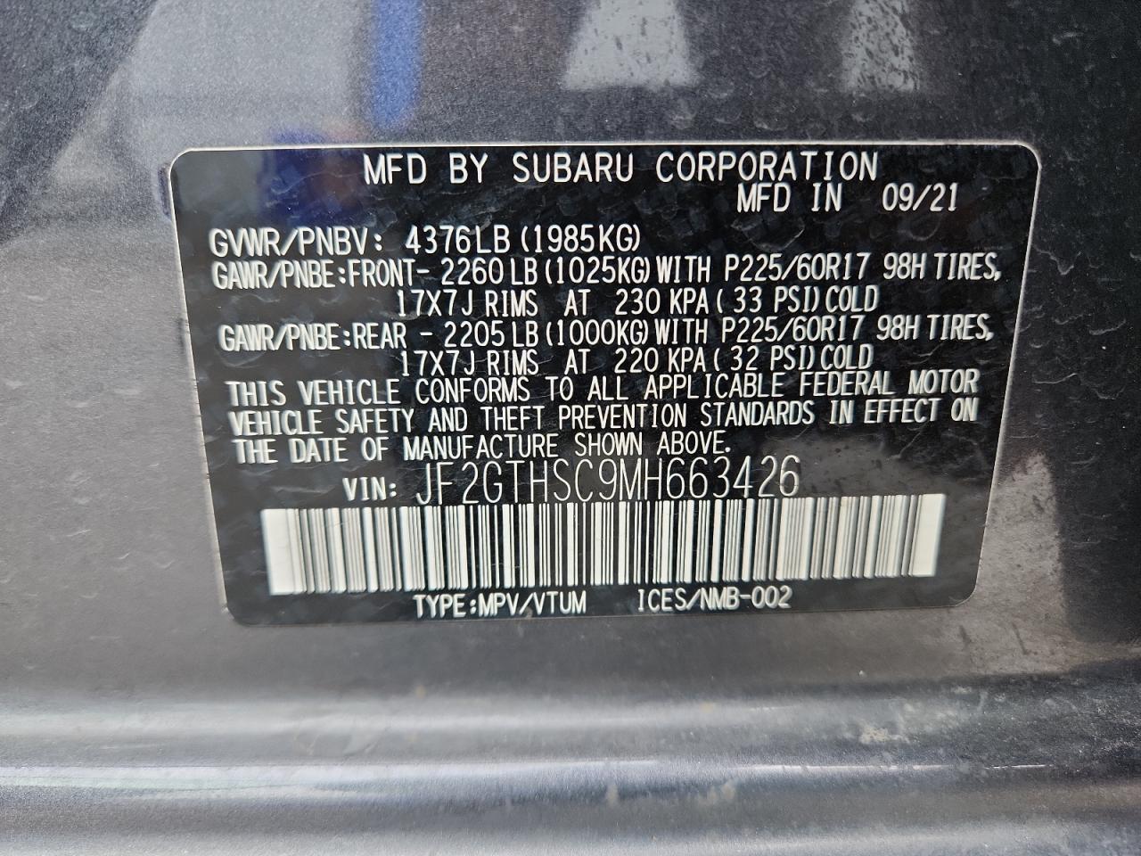 2021 Subaru Crosstrek Sport VIN: JF2GTHSC9MH663426 Lot: 85941355