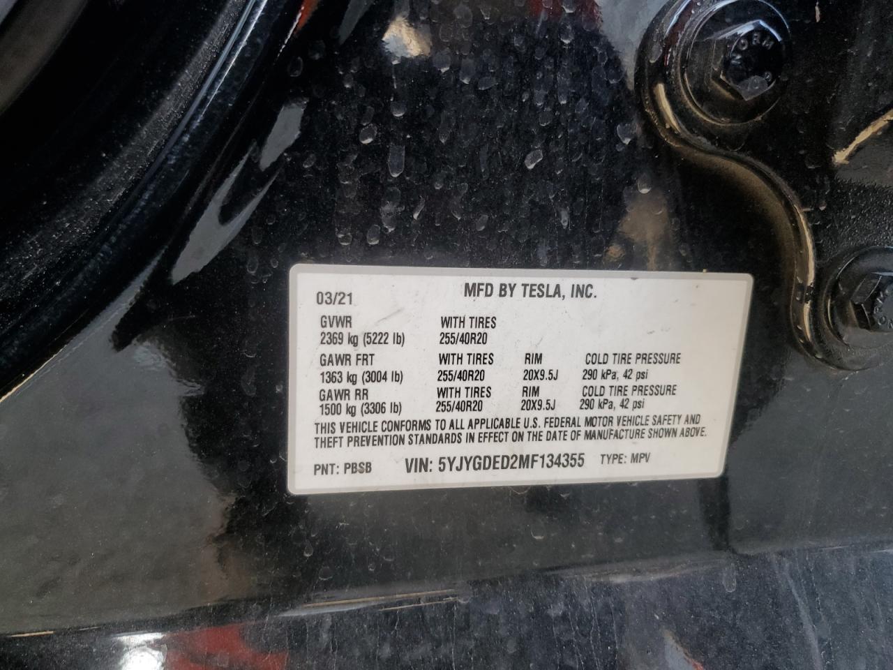 2021 Tesla Model Y VIN: 5YJYGDED2MF134355 Lot: 87292395