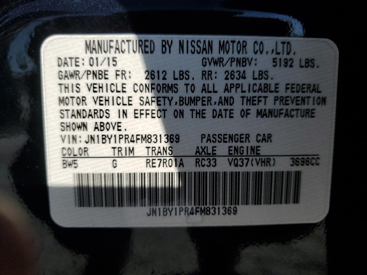 2015 Infiniti Q70L 3.7 VIN: JN1BY1PR4FM831369 Lot: 90612595