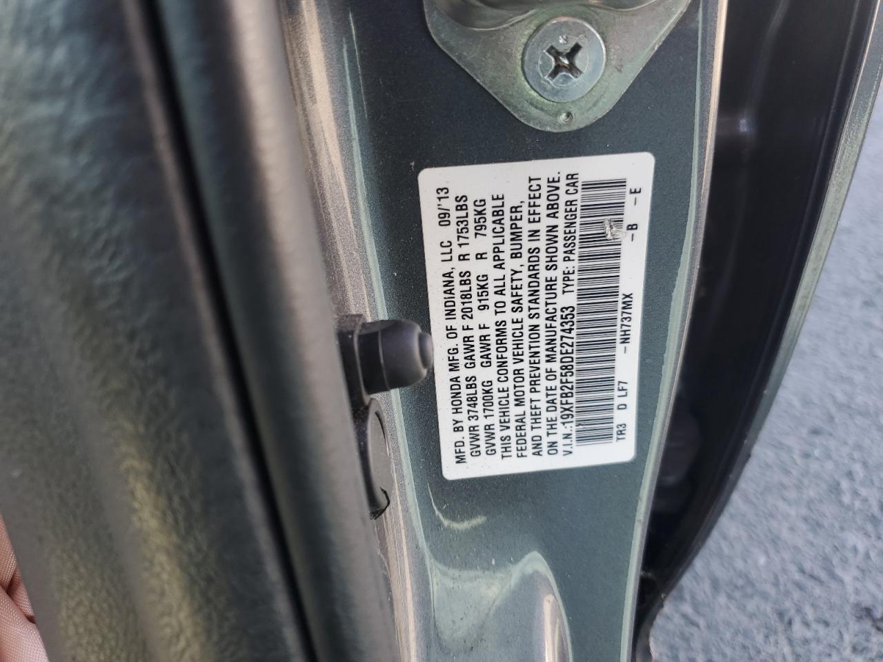 2013 Honda Civic Lx VIN: 19XFB2F58DE274353 Lot: 82274425